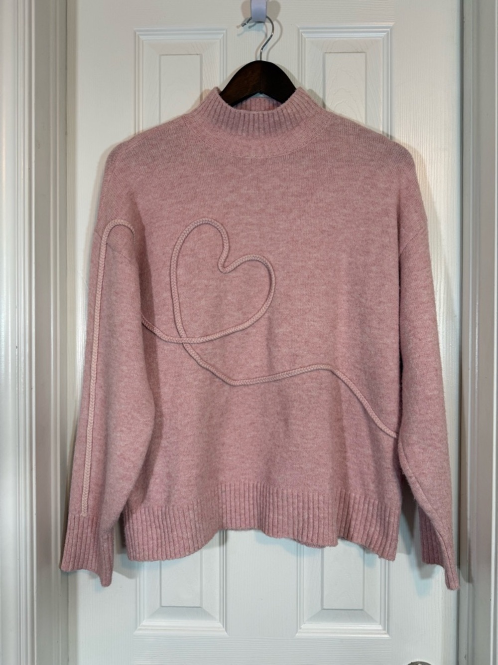 kathy ireland Pink Mock Neck Braided Heart Pullover Sweater Size M